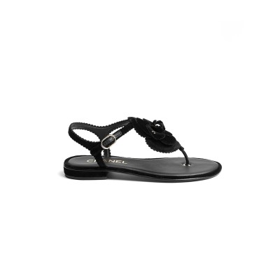 CHANEL SUEDE CAMELLIA THONG SANDALS 